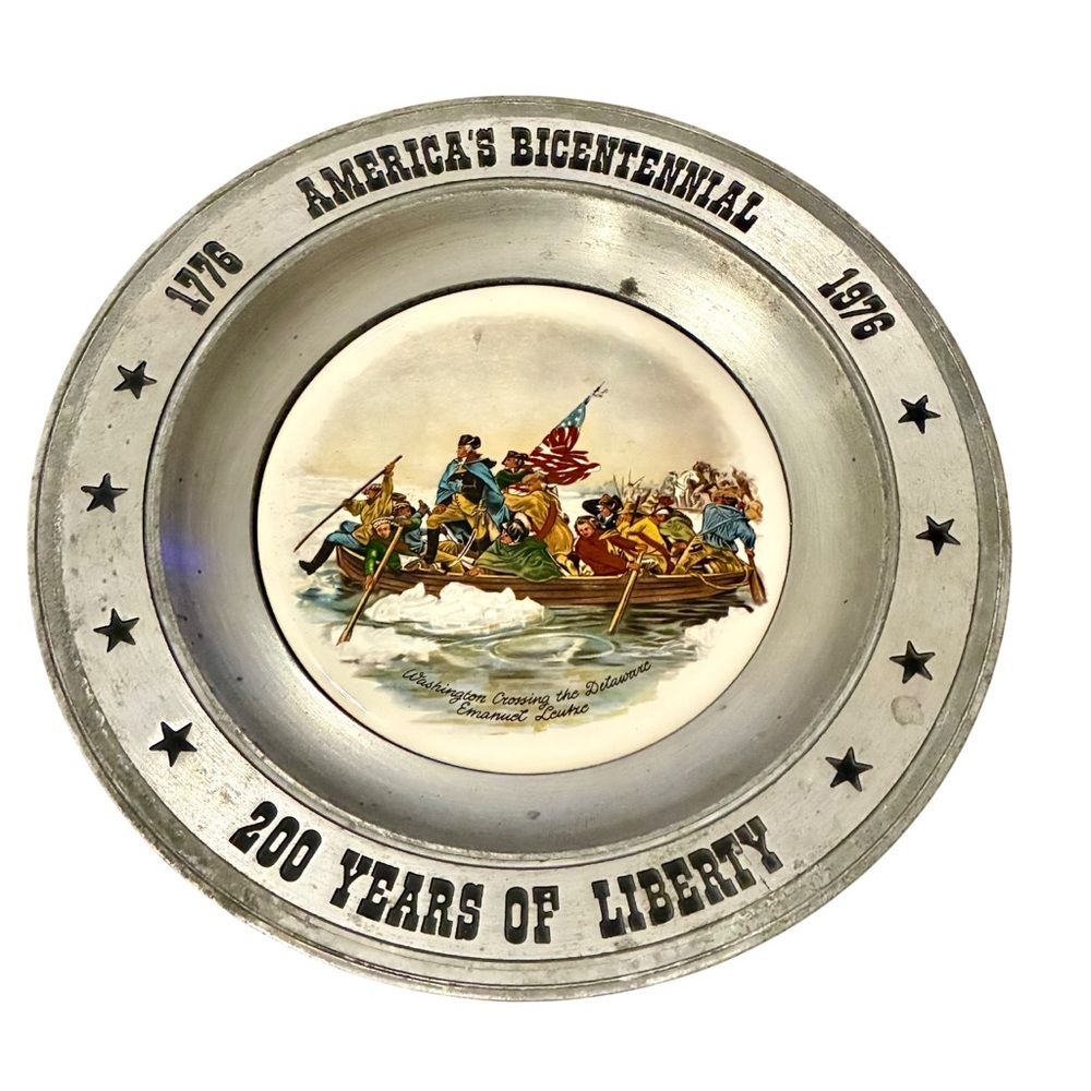Americana Bicentennial Pewter Plate George Washington Crossing The Delaware VTG